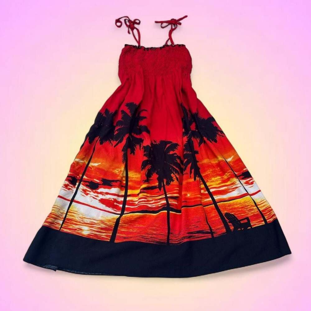 Vintage Tropical Sunset Palm Tree Print Smocked Sundress